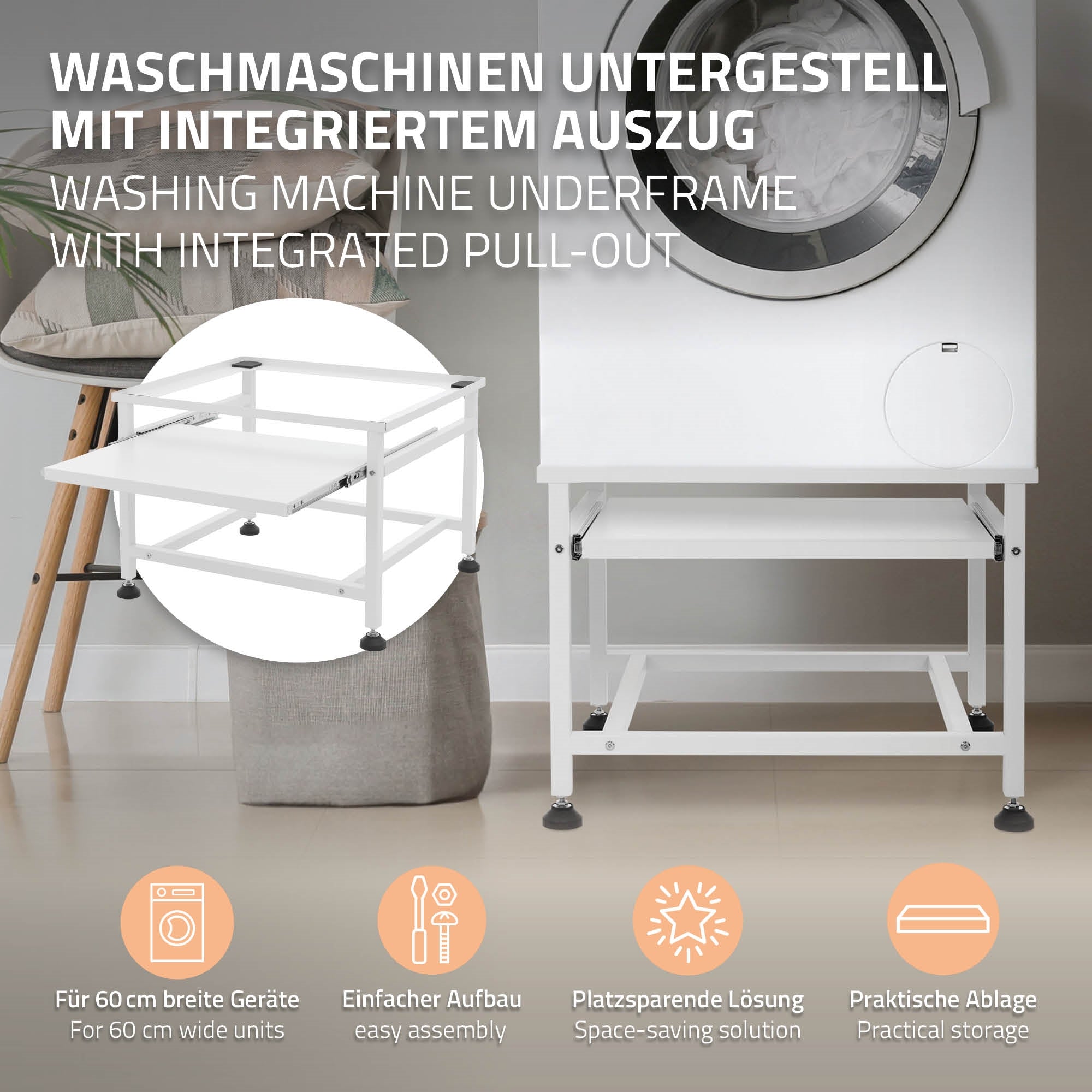 Waschmaschinenunterbau mit integriertem Auszug und praktischer Ablage.
