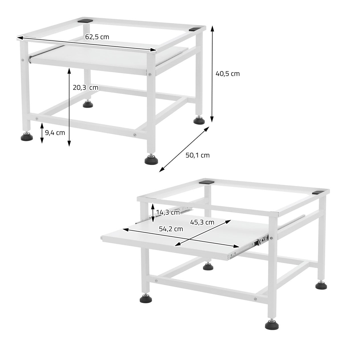 Maßzeichnung eines weißen Möbelstücks mit Abmessungen.