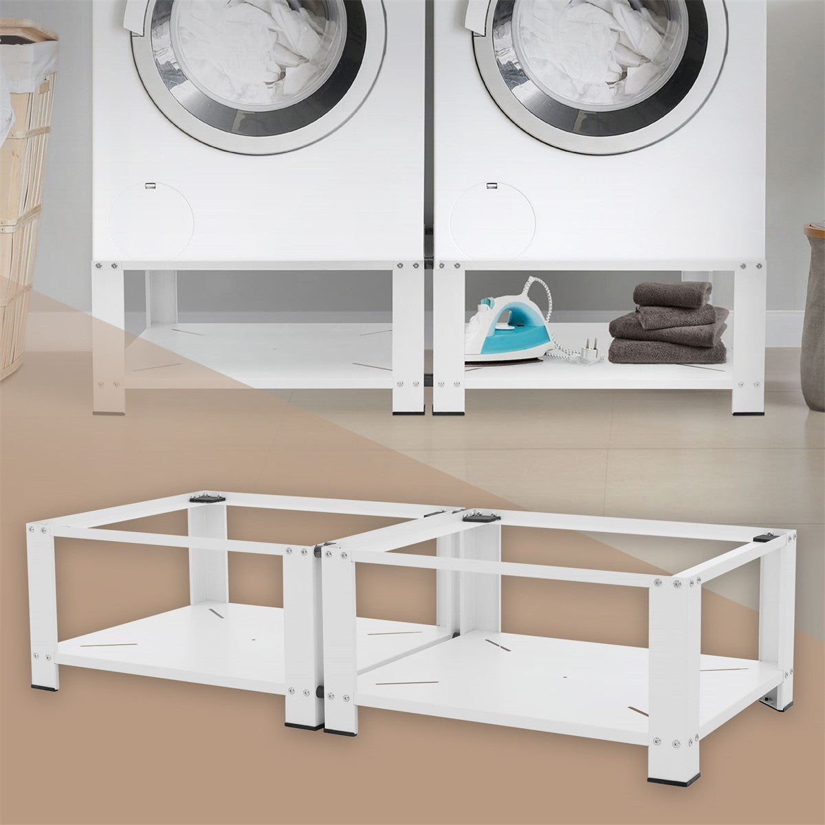 White washing machine stand with two washing machines and towels.