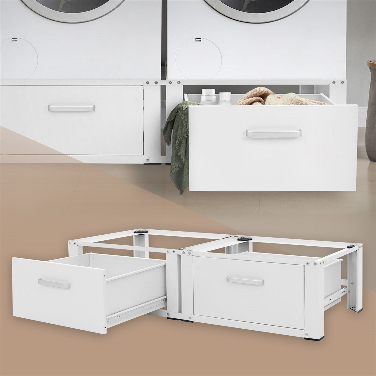 Washing machine pedestal with drawer and laundry basket.