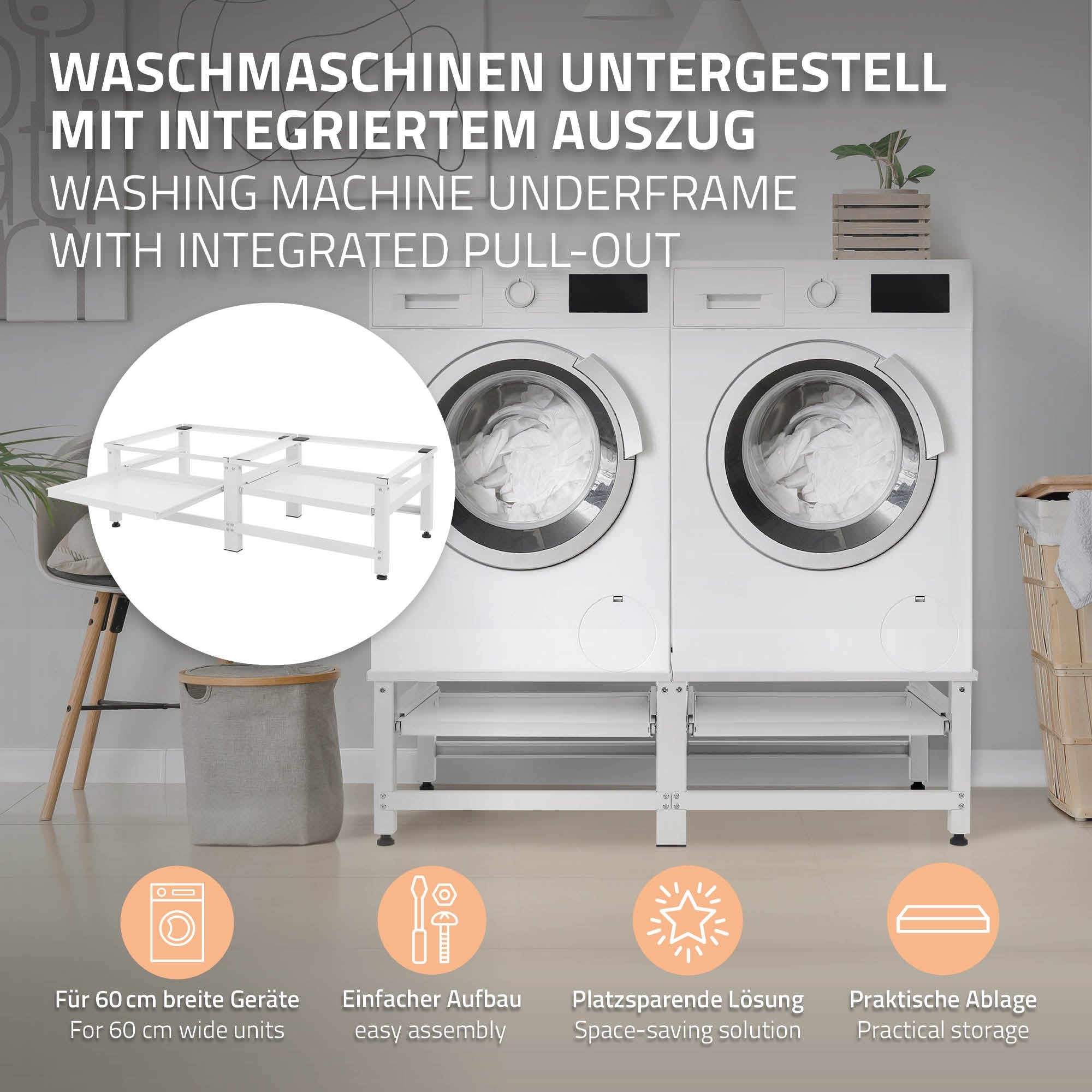 Waschmaschinenuntergestell mit integriertem Auszug und praktischer Ablage.