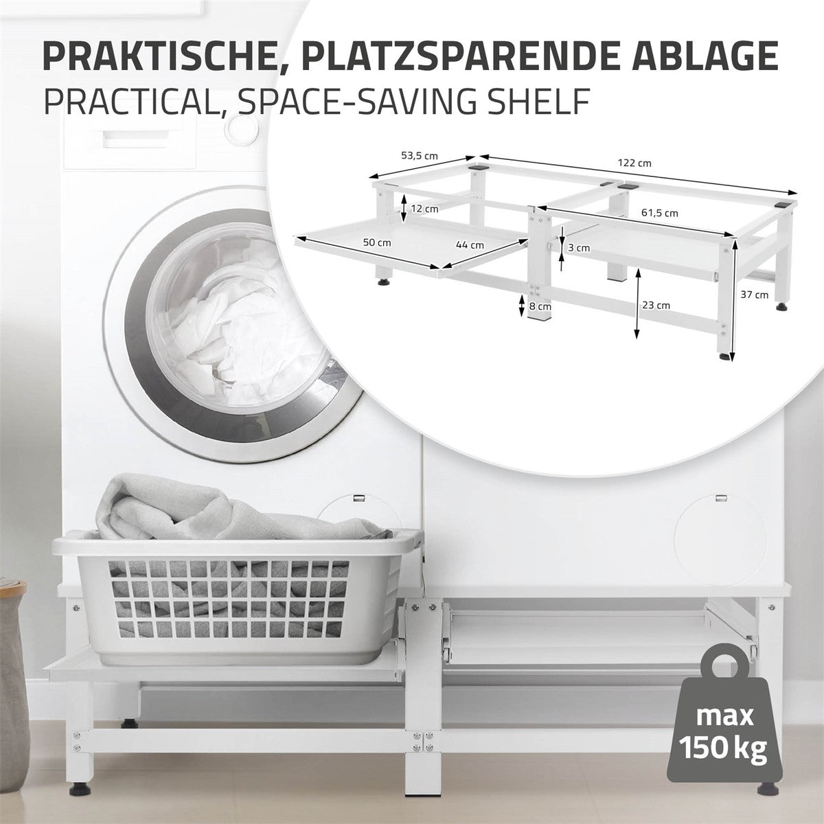 Platzsparendes Regal für Waschmaschinen mit Maßangaben und Wäschekorb.