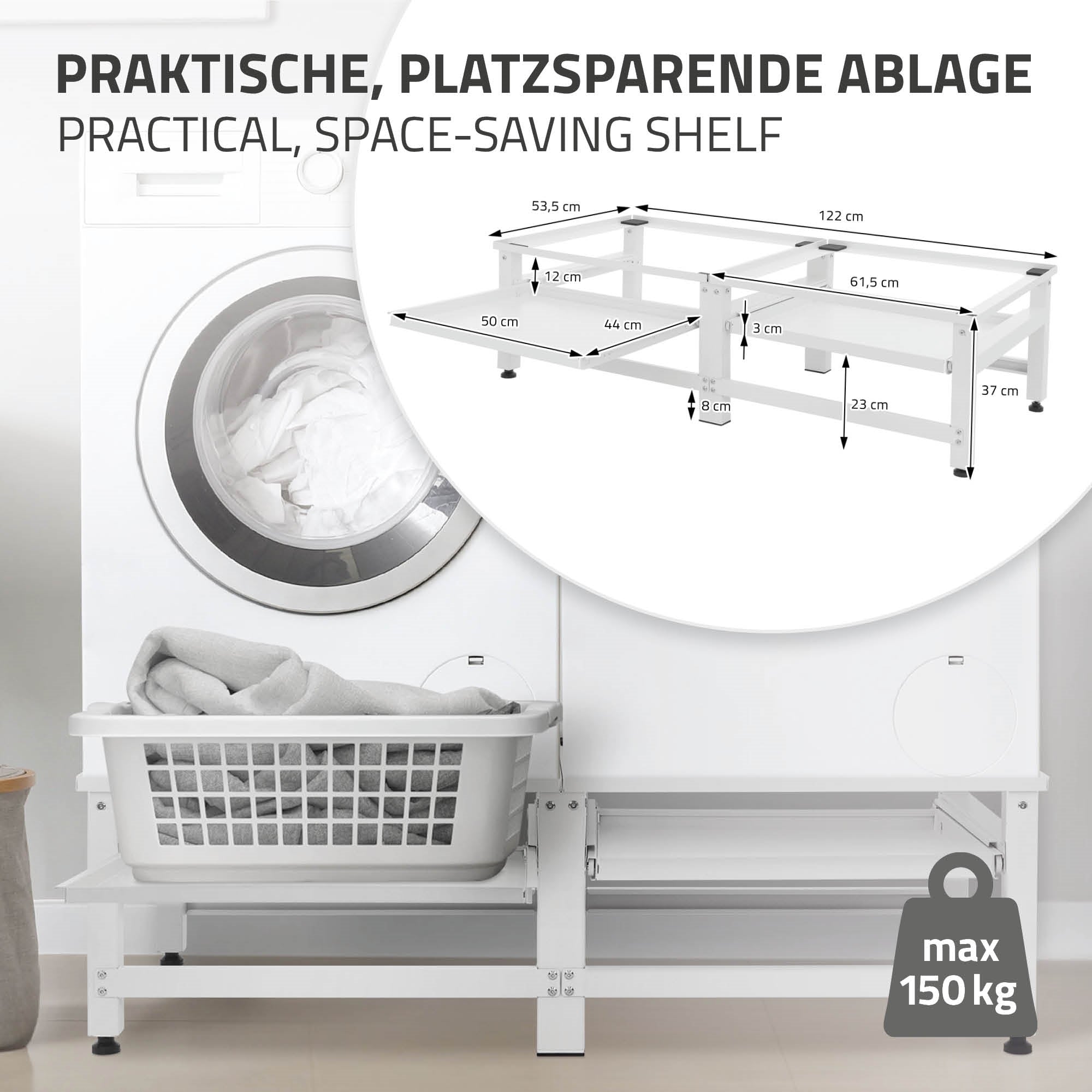 Platzsparendes Regal für Waschmaschinen mit Maßangaben und Wäschekorb.