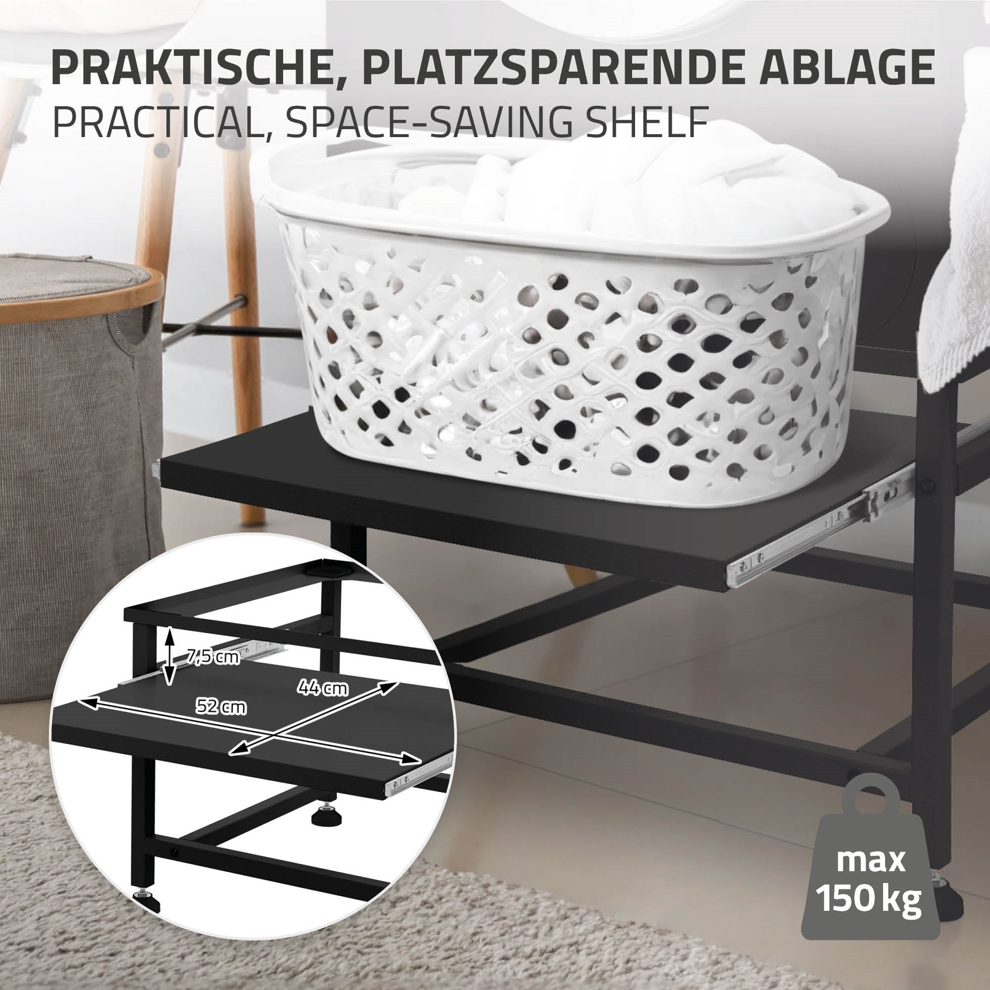 Praktisches, platzsparendes Regal mit Wäschekorb und Maßangaben.