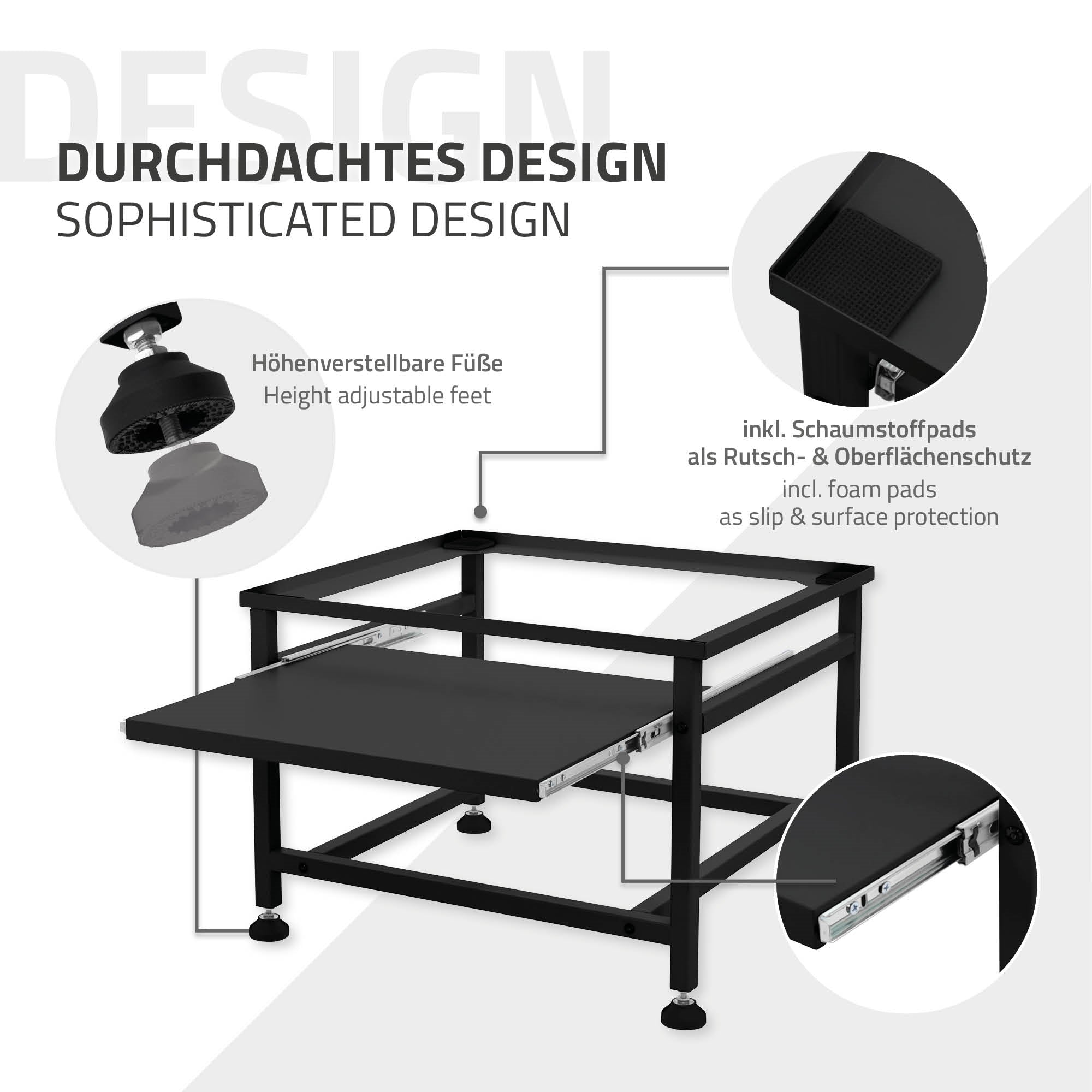 Schwarzer Tisch mit höhenverstellbaren Füßen und Schaumstoffpads.