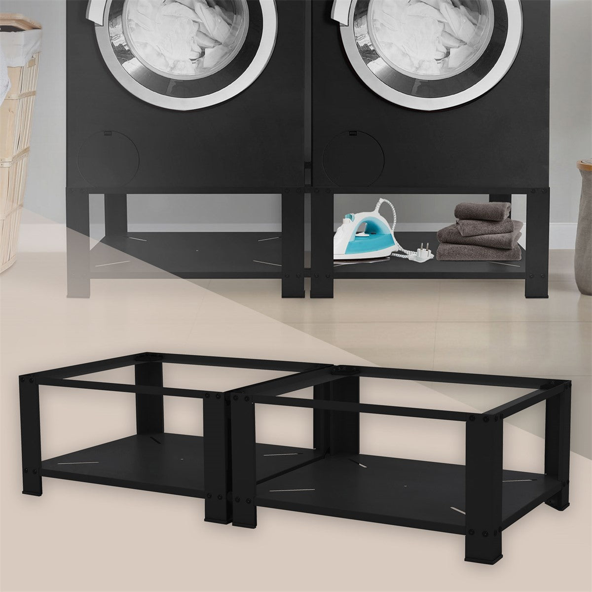 Black base with laundry and an iron in a room.