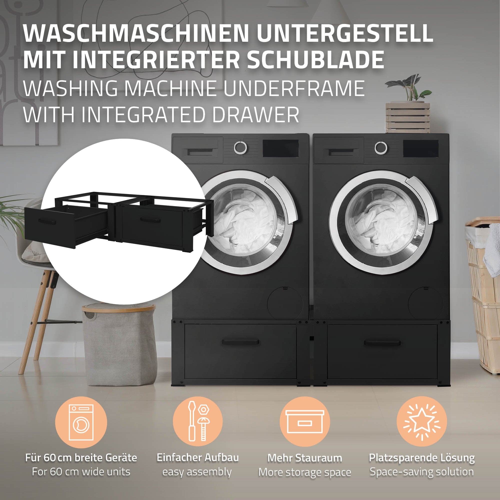 Waschmaschinenuntergestell mit integrierter Schublade für zusätzlichen Stauraum.