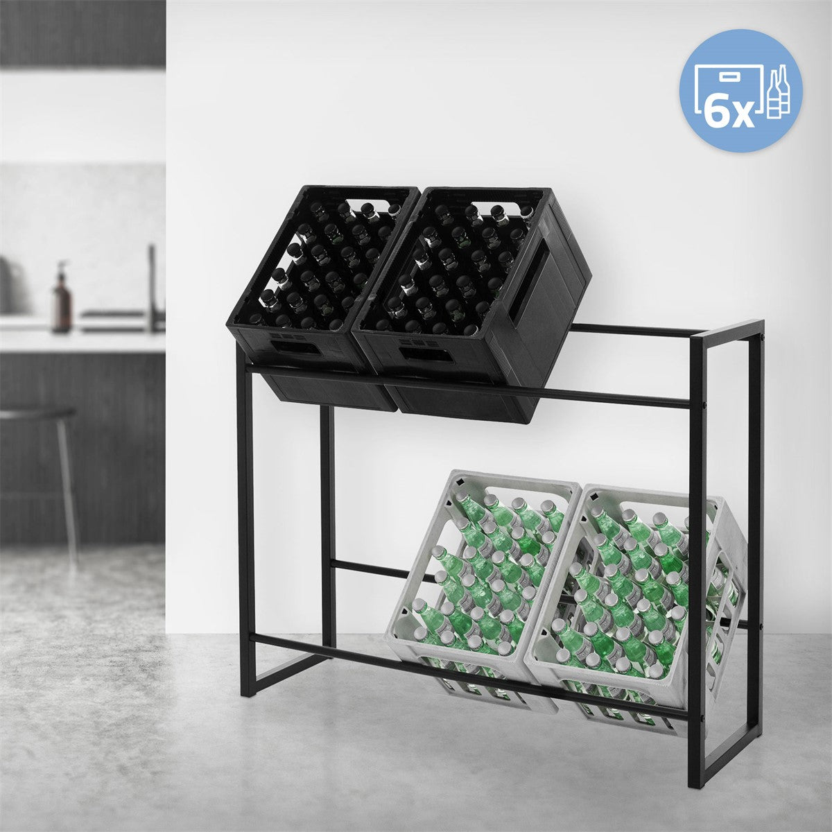 Rack with two black crates and one gray crate in a modern kitchen.