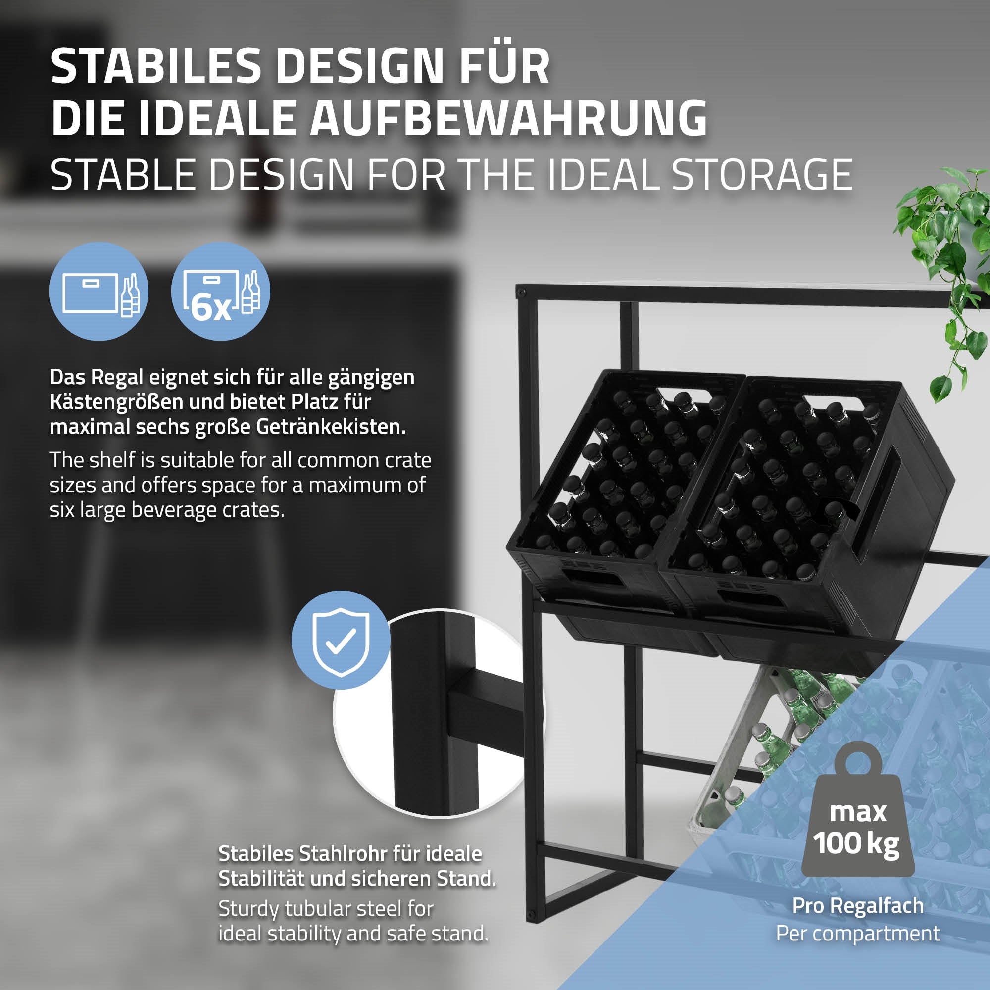 Stabiles Regal mit Platz für Kästen, max. 100 kg, aus Stahlrohr.