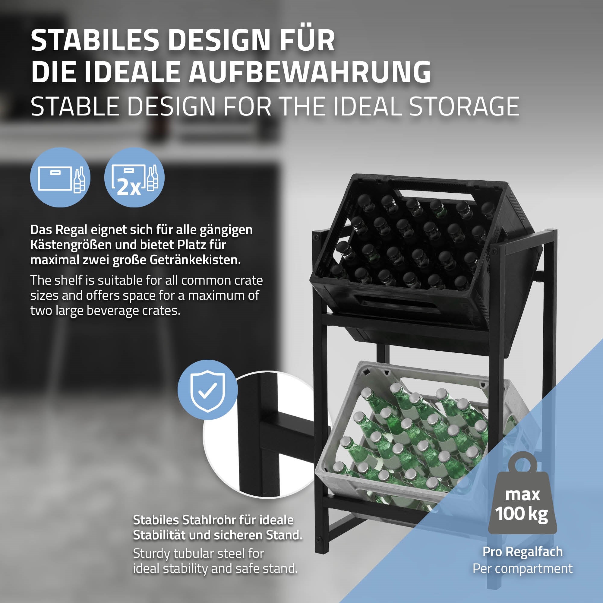 Regal mit stabiler Konstruktion, geeignet für Getränkekästen.