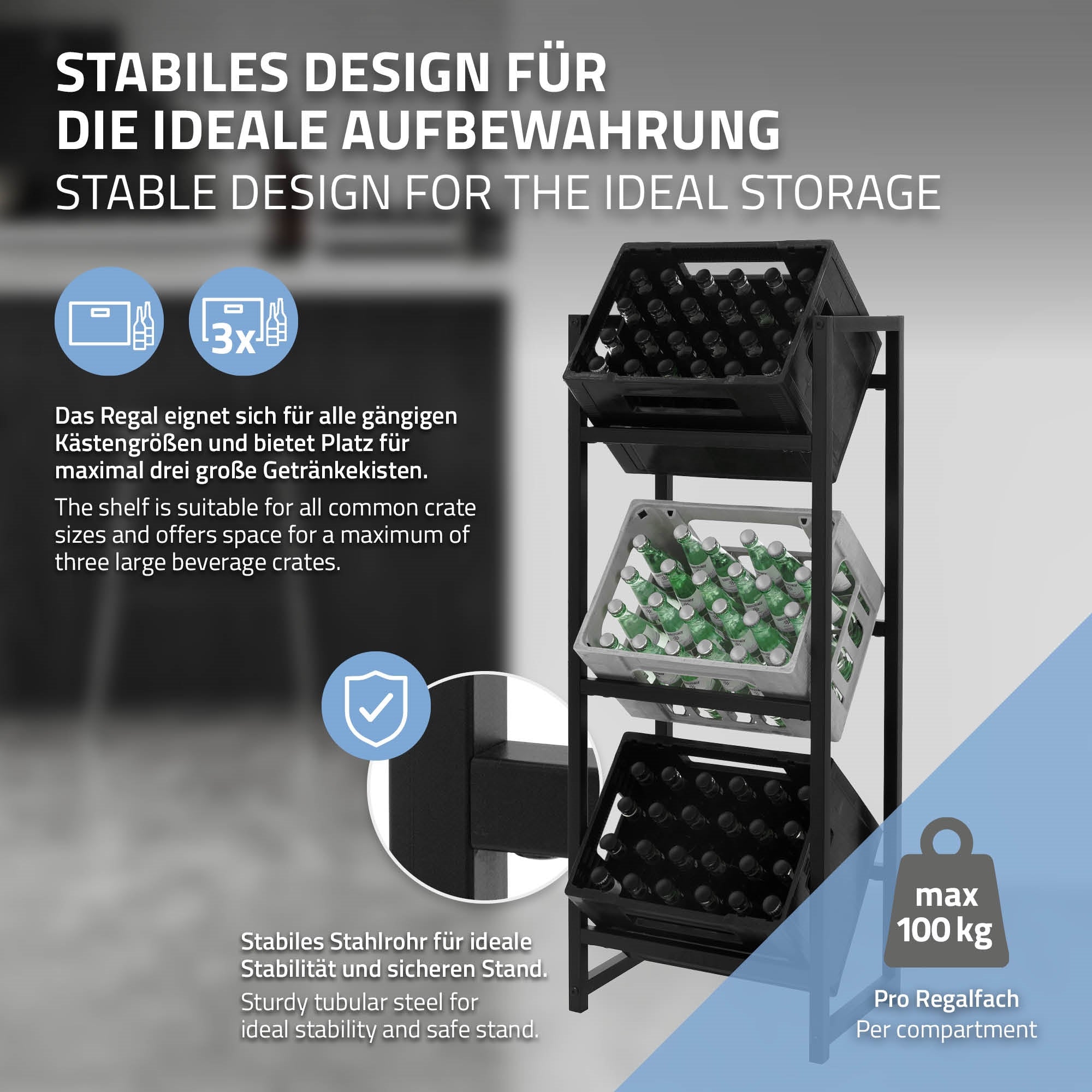 Regal für Getränkekisten, stabiler Aufbau, geeignet für verschiedene Kisten.