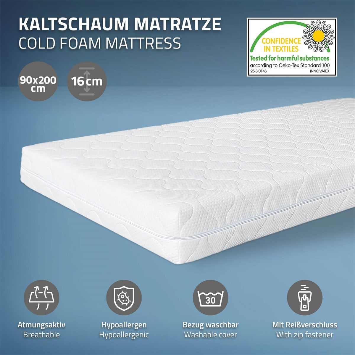 Kaltschaummatratze in Weiß, 90x200 cm, 16 cm hoch, mit Reißverschluss.