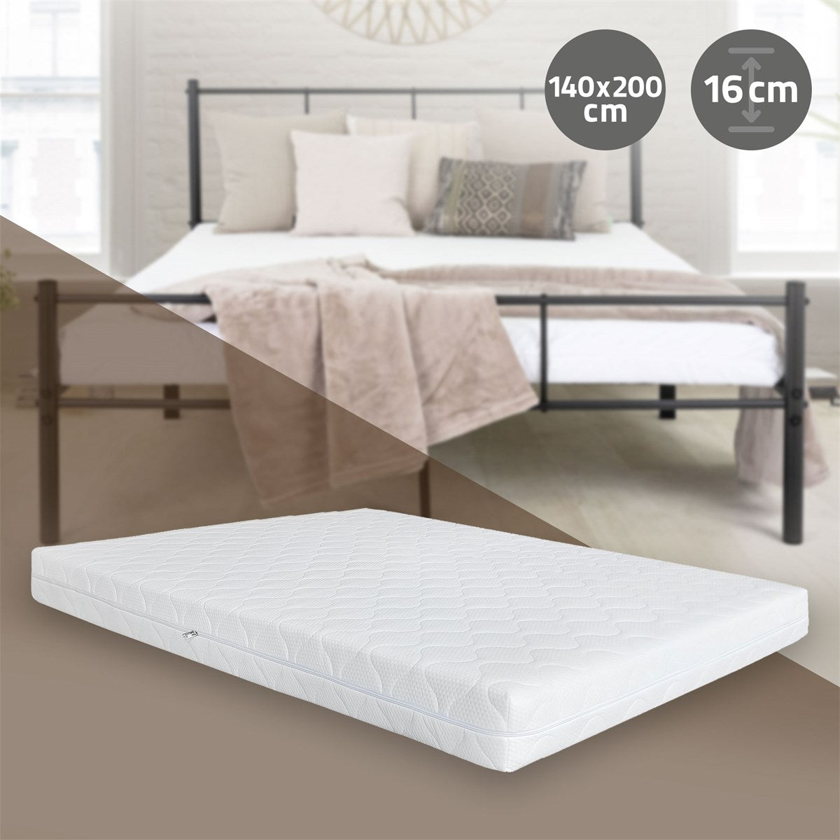 Bett mit Matratze, Kissen und Decken, Maße 140 cm x 200 cm.