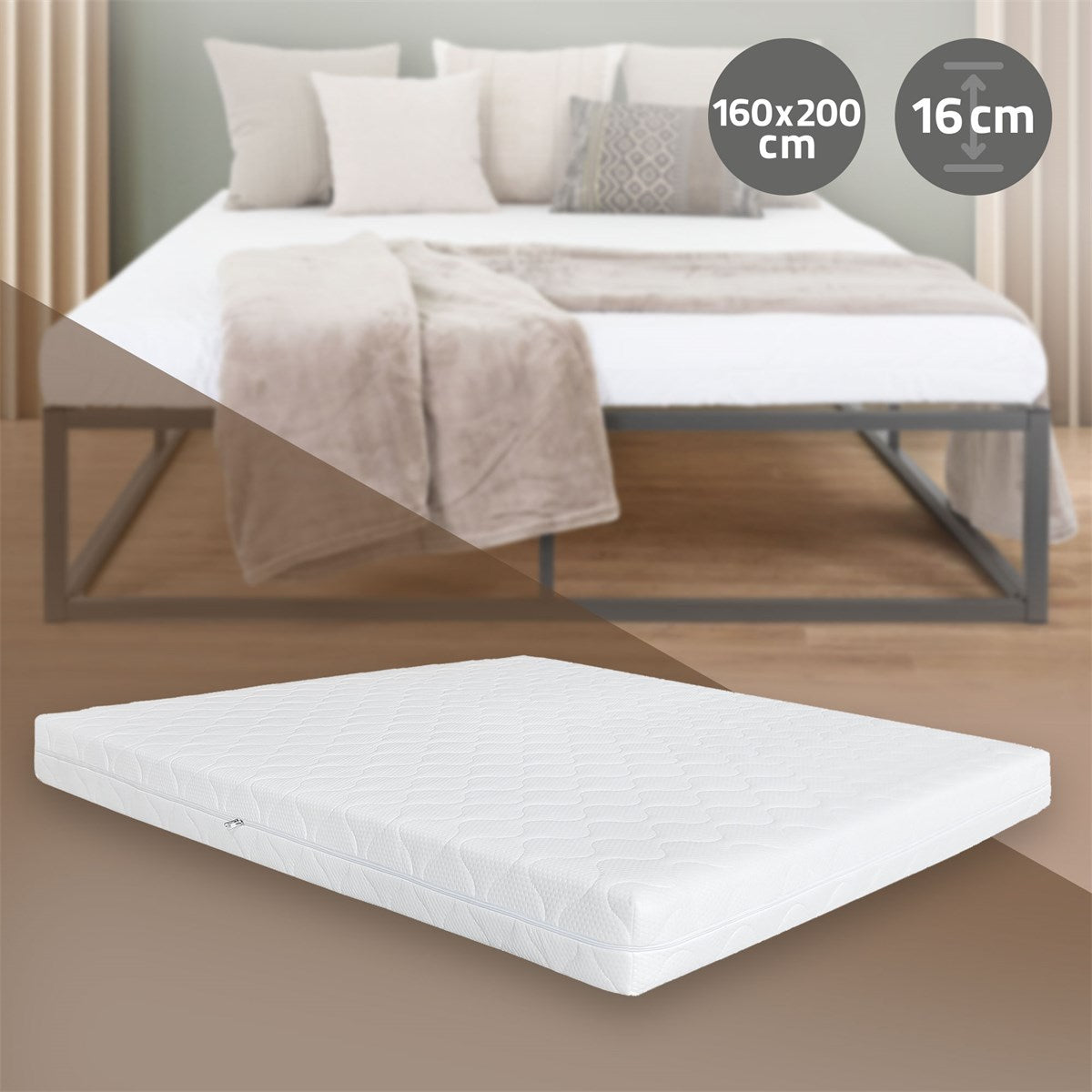 Bett mit Matratze, Kissen und Decken, Maße 160 cm x 200 cm.