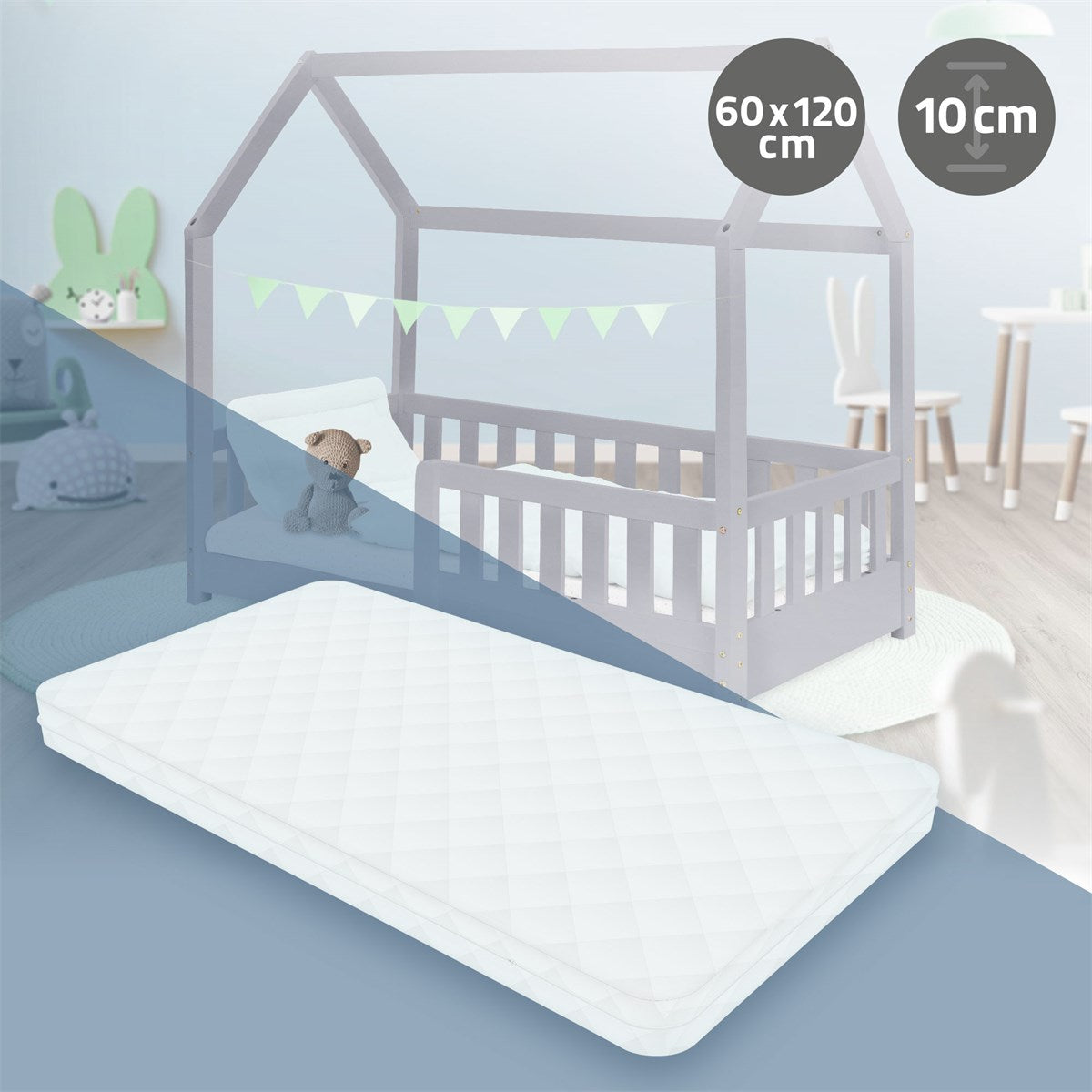 Wooden bed with a mattress and decorations in the background.