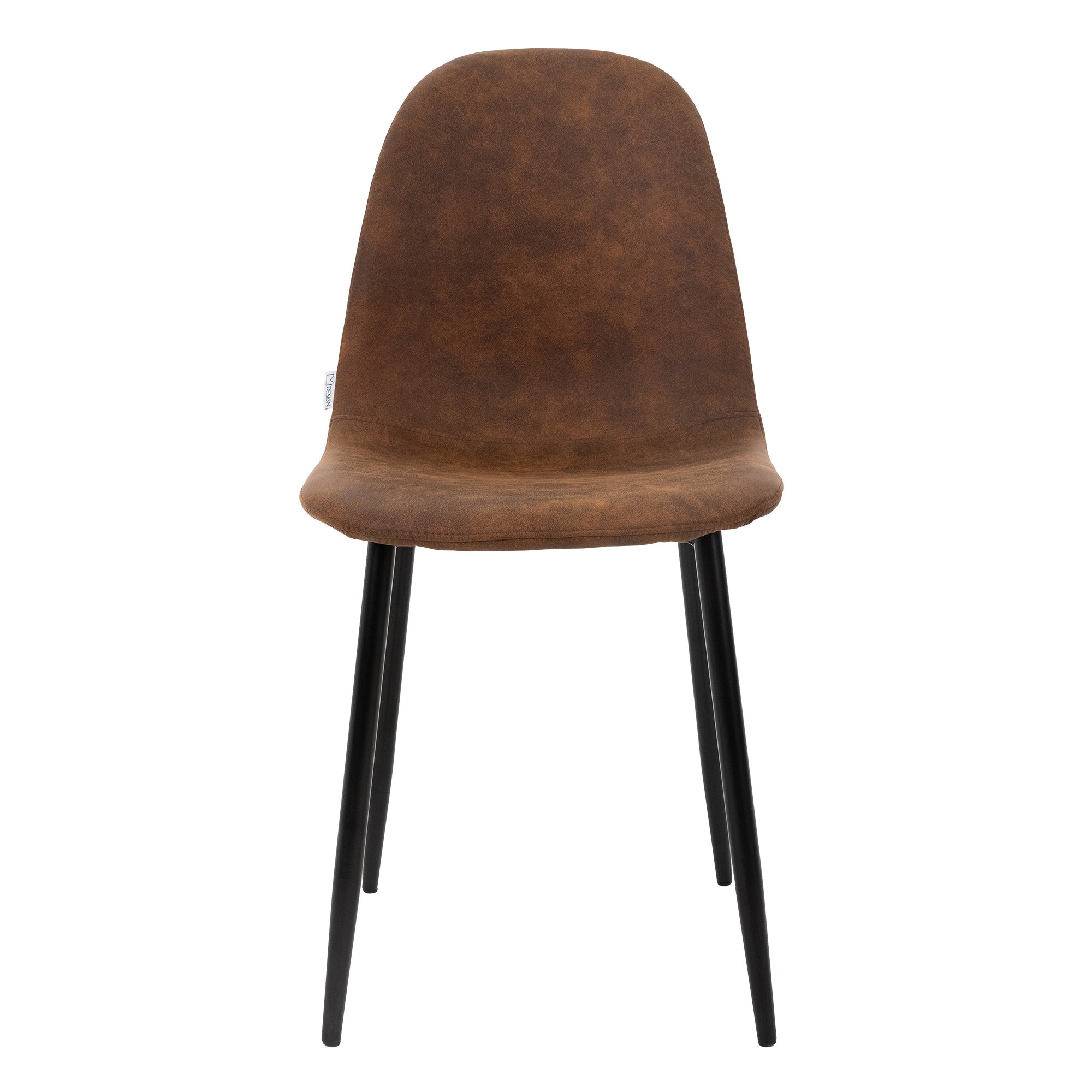 A brown chair with black legs in front of a white background.
