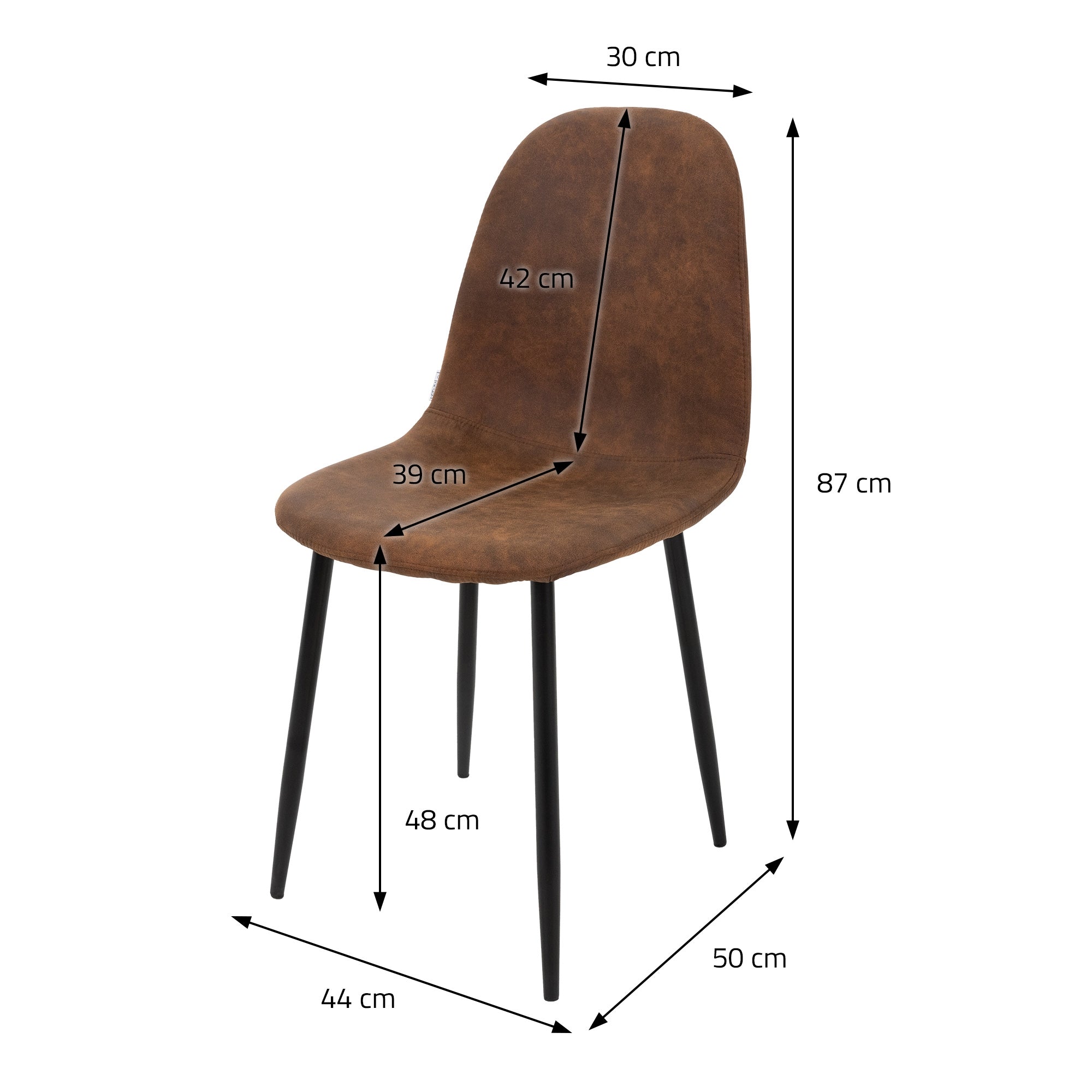 Brown chair with measurements in centimeters on a white background.