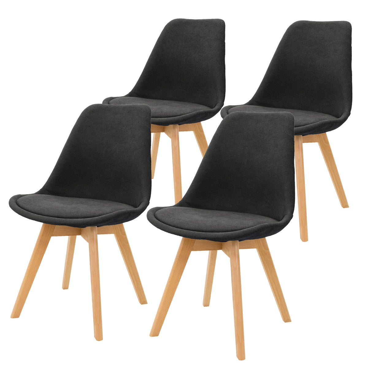 Vier schwarze Stühle mit Holzbeinen auf einem weißen Hintergrund.