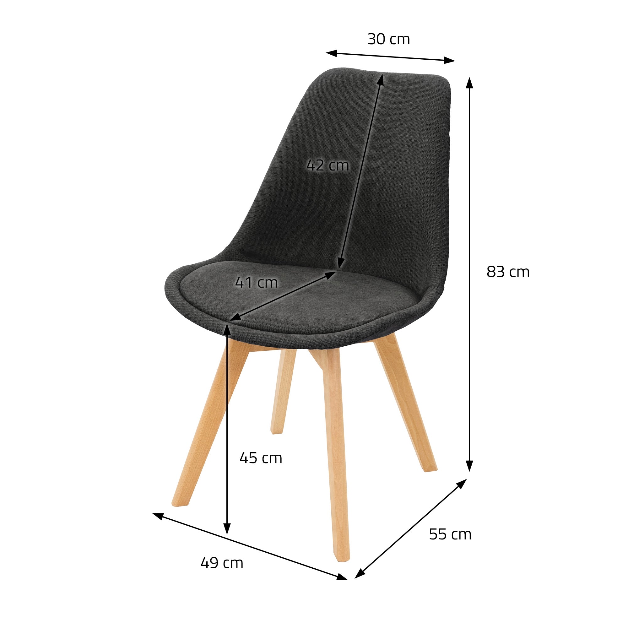 Maßzeichnung eines grauen Stuhls mit Holzbeinen.