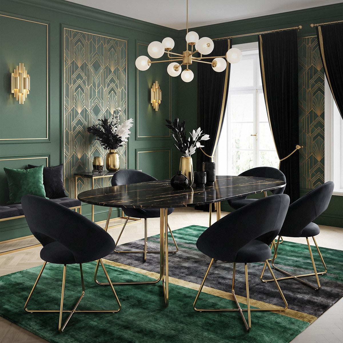Moderne Esszimmer mit schwarzem Tisch und grünen Wänden.