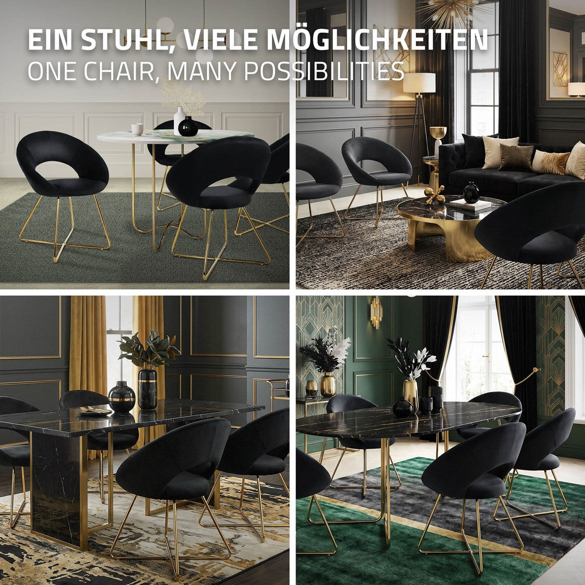 Verschiedene Räume mit schwarzen Stühlen und eleganten Tischen.