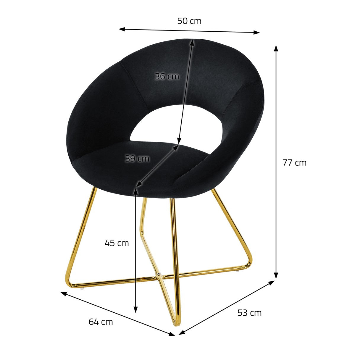 Schwarzer Esszimmerstuhl mit goldenen Beinen, Maße: 50 cm, 36 cm, 77 cm, 64 cm, 53 cm.