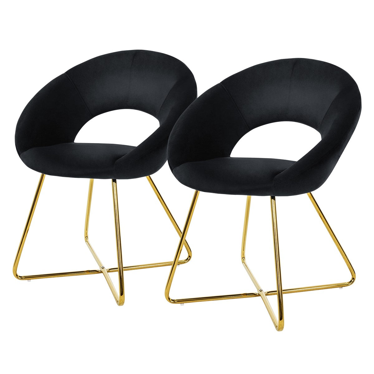 Zwei schwarze Stühle mit goldenen Beinen auf weißem Hintergrund.