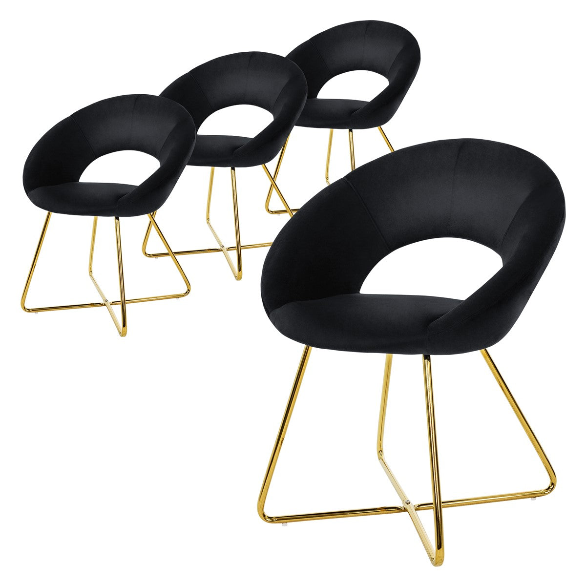Vier schwarze Stühle mit goldenen Beinen auf weißem Hintergrund.