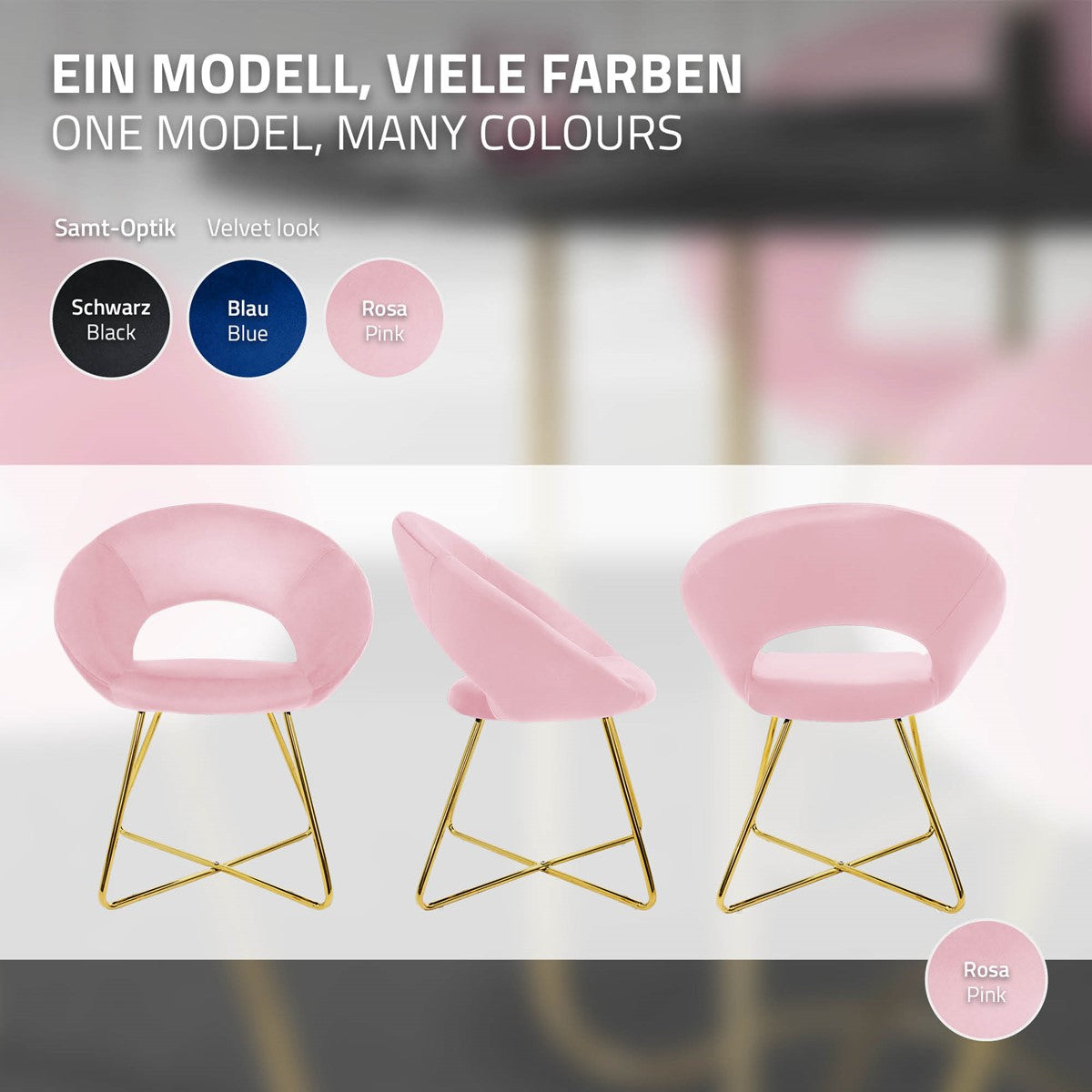 Drei Stühle in rosa, blau und schwarz auf einem hellen Hintergrund.
