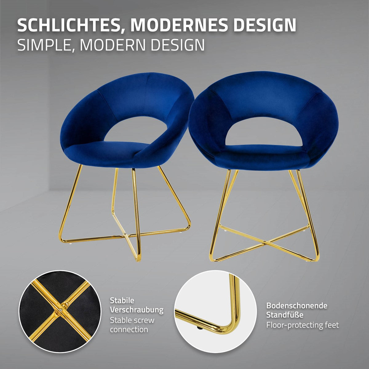 Zwei blaue Esszimmerstühle mit goldenen Beinen und Designmerkmalen.