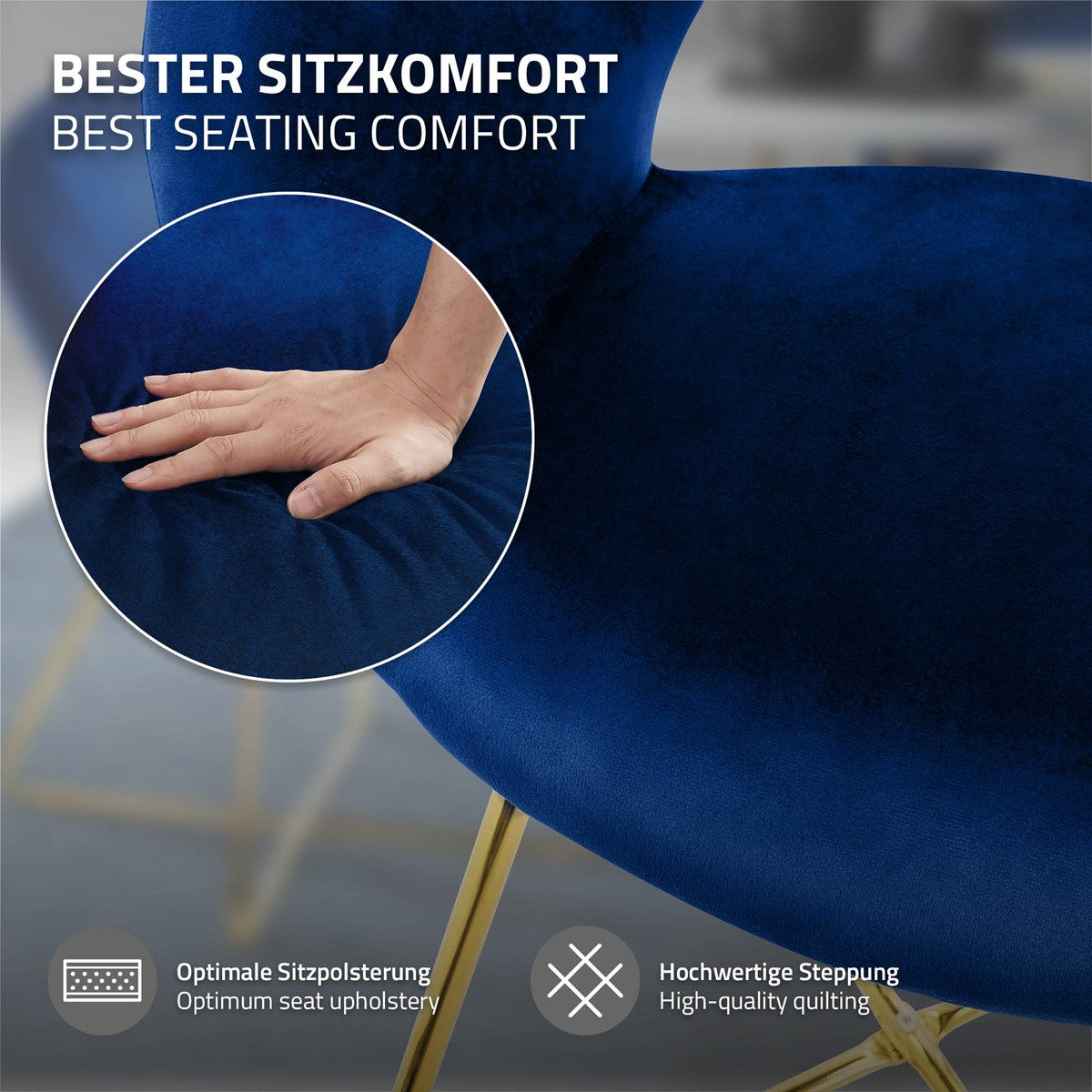 Nahaufnahme einer Hand auf einem blauen Stuhl mit weicher Polsterung.
