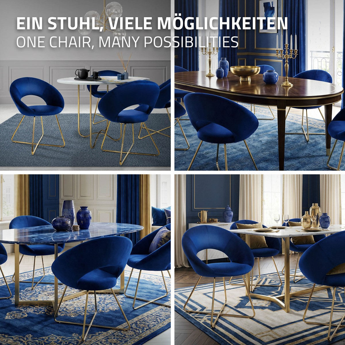 Vier blaue Stühle in verschiedenen Arrangements in einem eleganten Esszimmer.