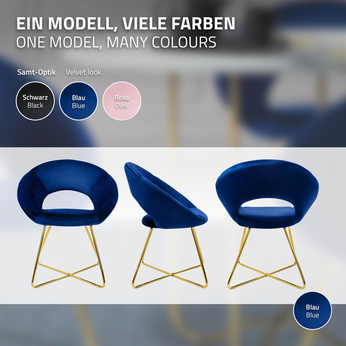 Drei Stühle in verschiedenen Farben: schwarz, blau und rosa.