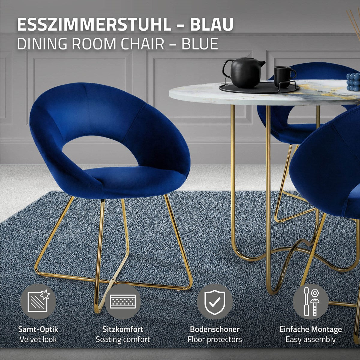 Blauer Esszimmerstuhl an einem Tisch mit Informationen zu Komfort und Montage.