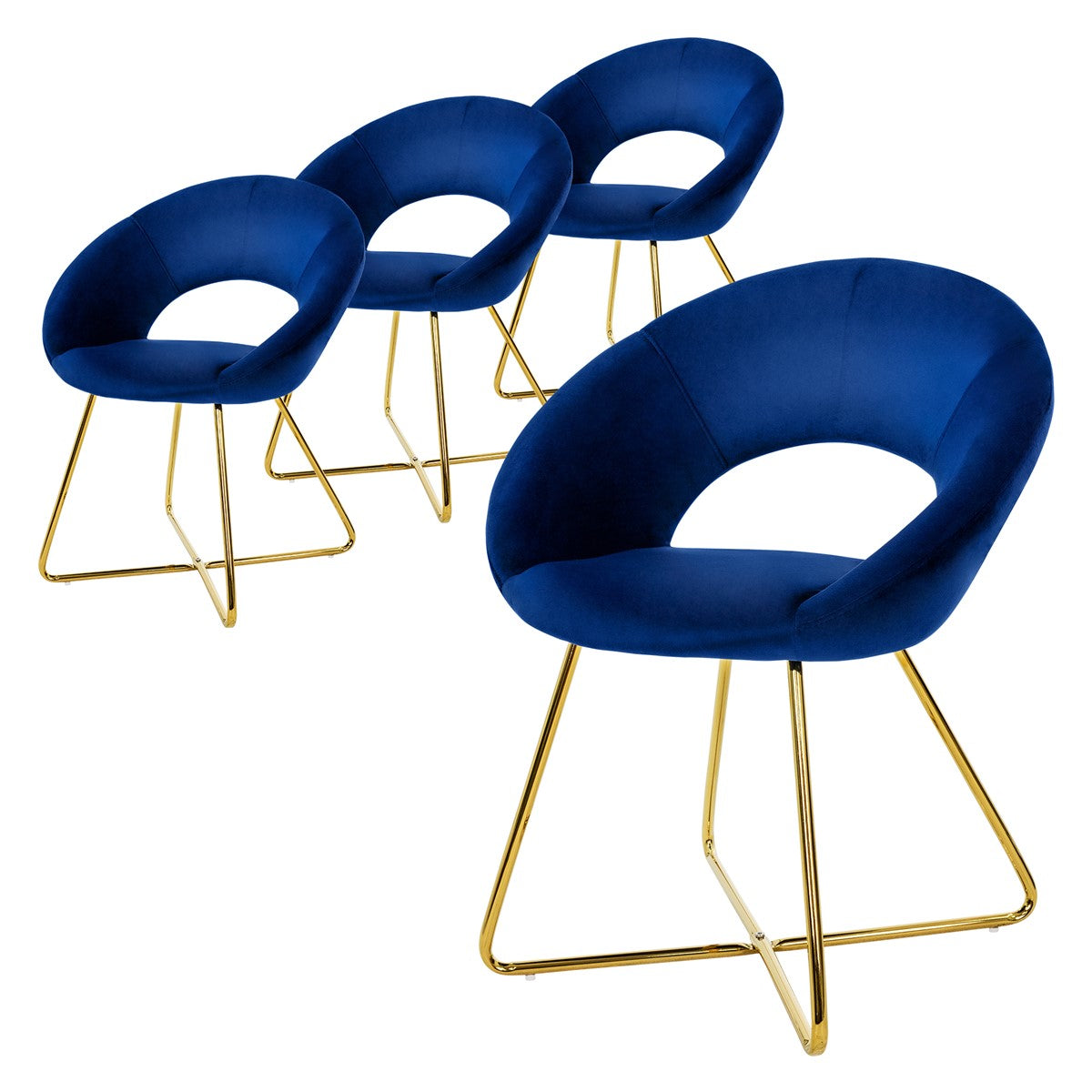 Vier blaue Stühle mit goldenen Beinen, in einer Reihe angeordnet.