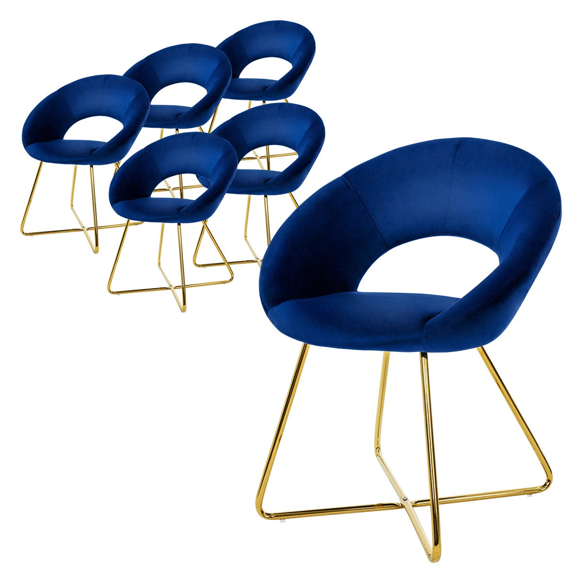 Sechs blaue Stühle mit goldenen Beinen auf weißem Hintergrund.