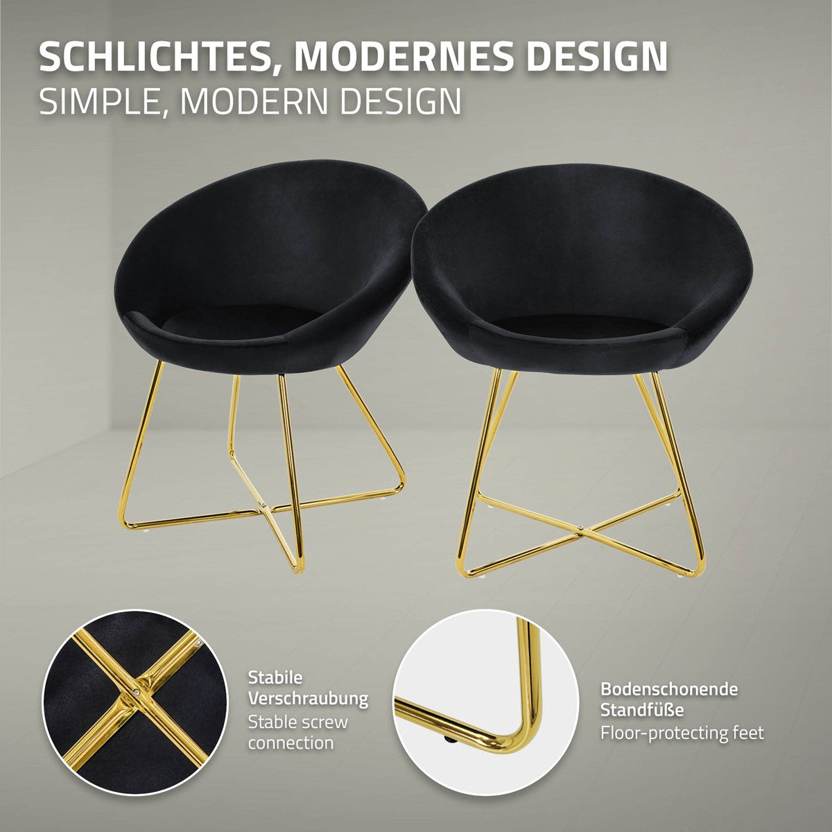 Zwei schwarze Stühle mit goldenen Beinen vor einem grauen Hintergrund.