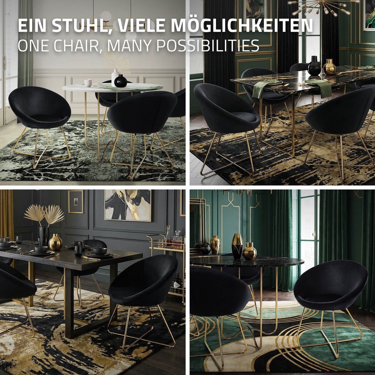 Vier schwarze Stühle um einen Tisch in einem eleganten Raum.