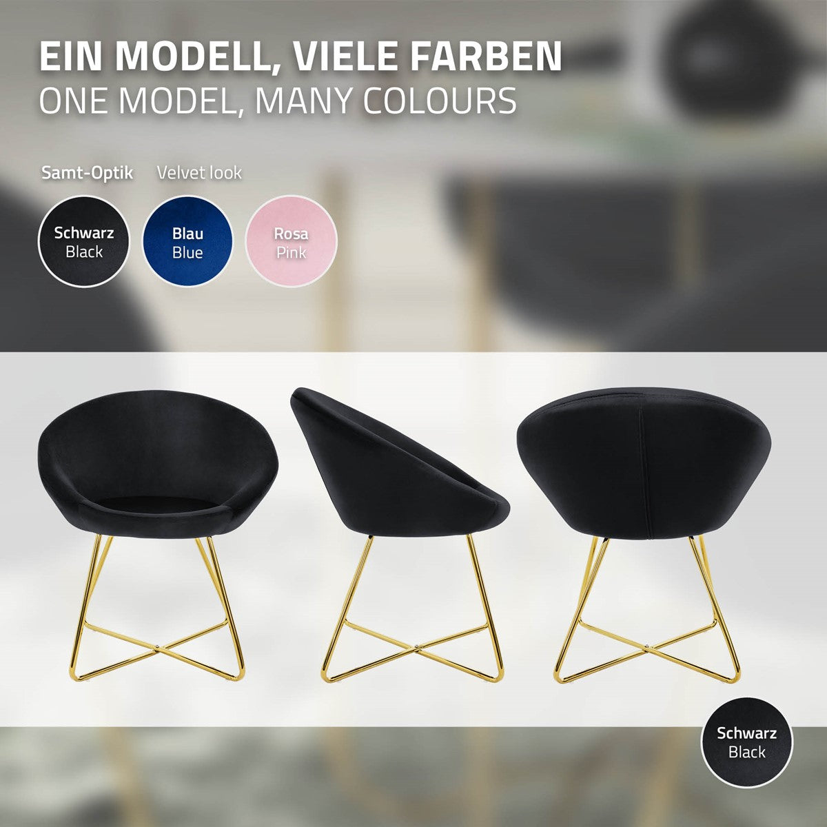 Drei Ansichten eines schwarzen Stuhls mit goldenen Beinen.
