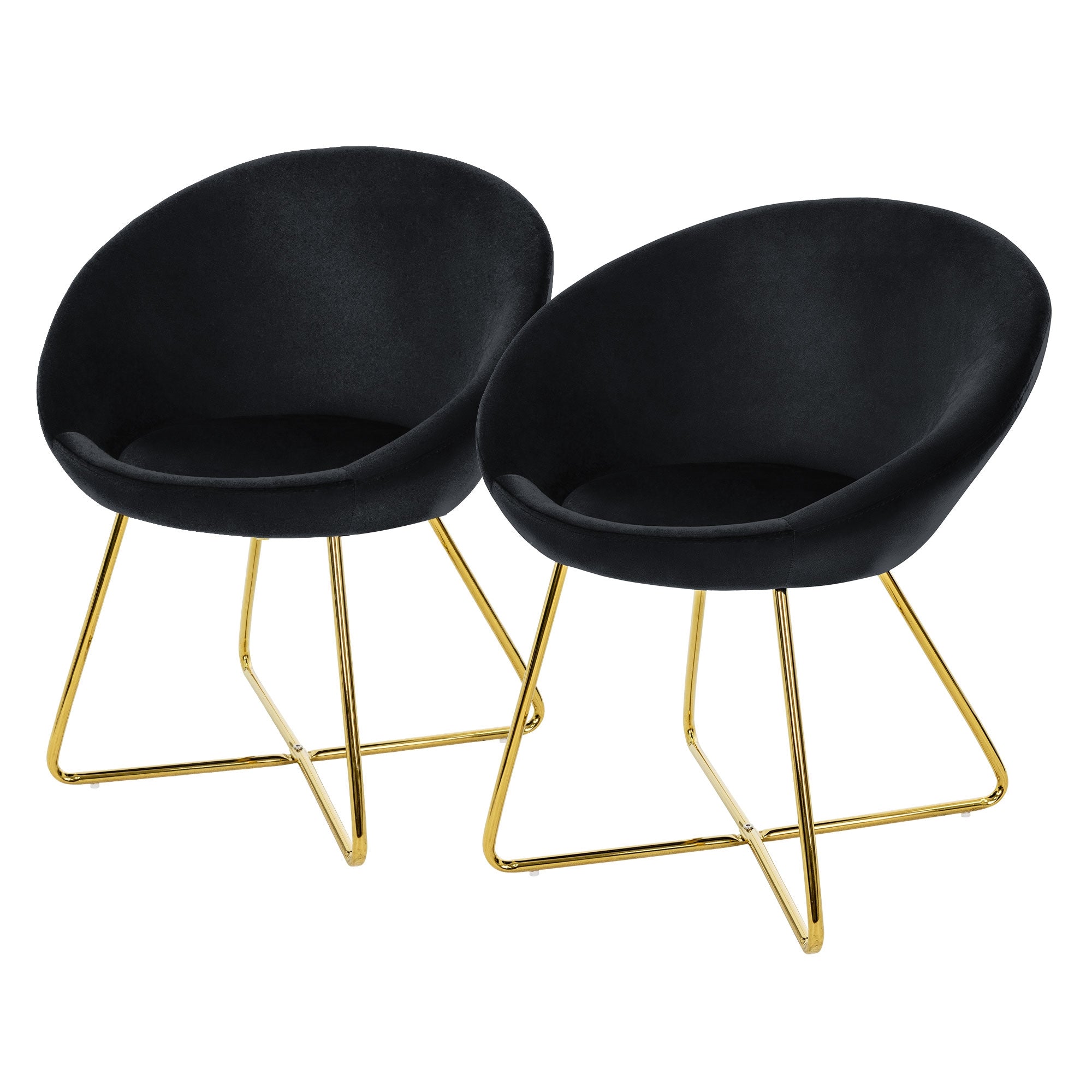 Zwei schwarze Stühle mit goldenen Beinen auf einem Teppich.