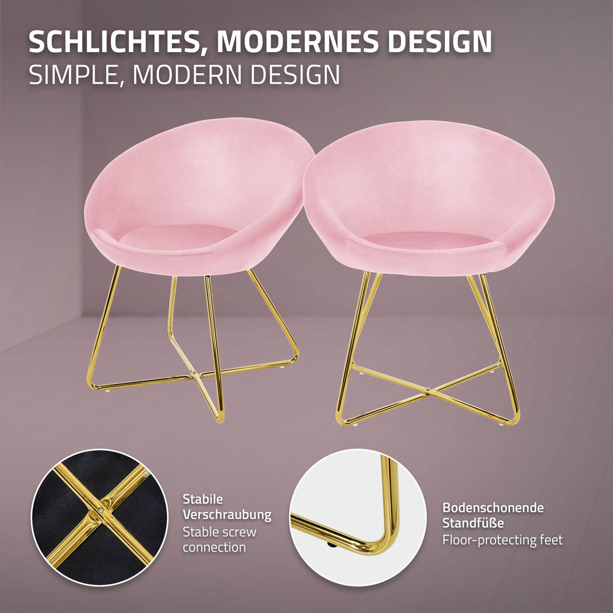 Zwei rosa Stühle mit goldenen Beinen auf einem neutralen Hintergrund.