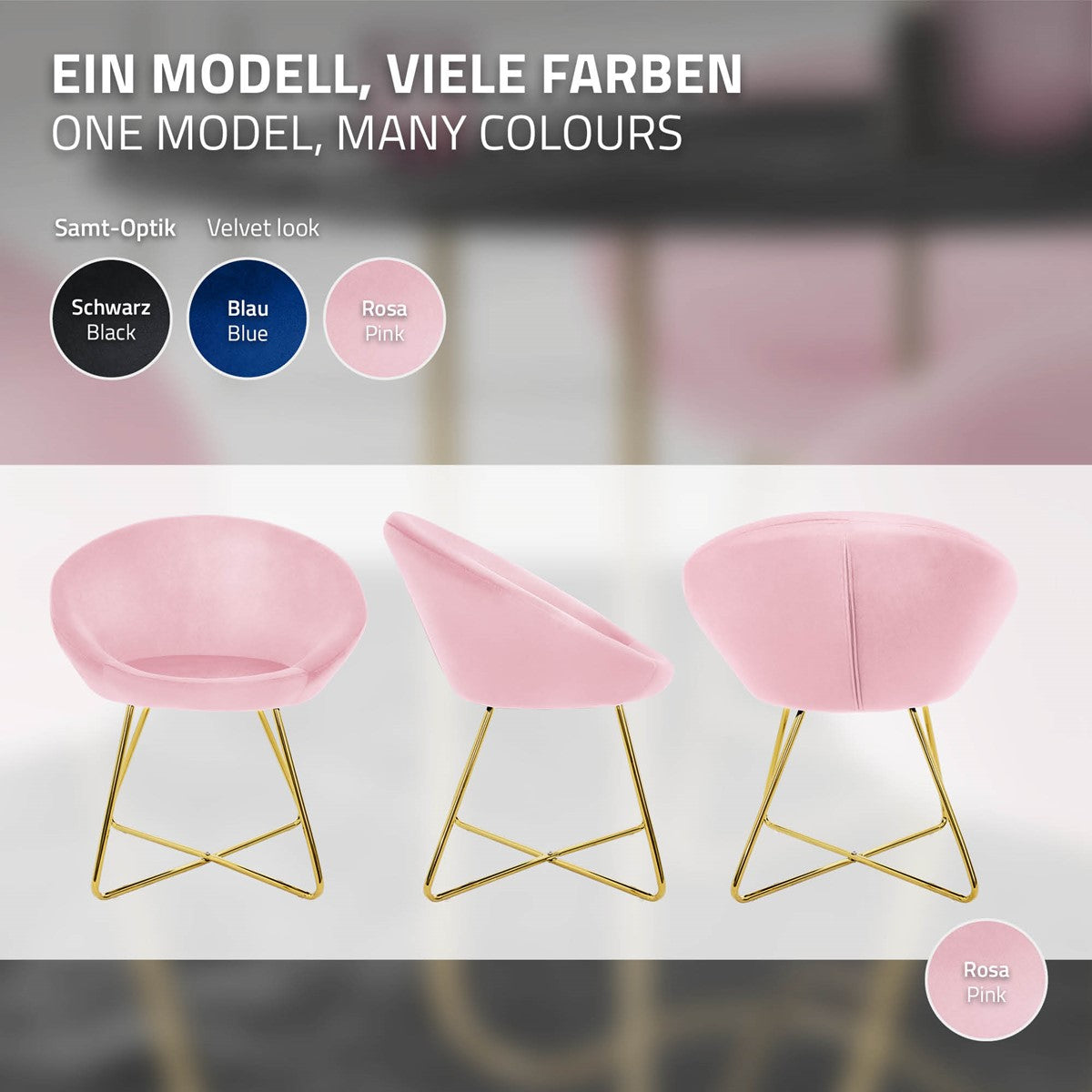 Drei Stühle in verschiedenen Farben: schwarz, blau und rosa.