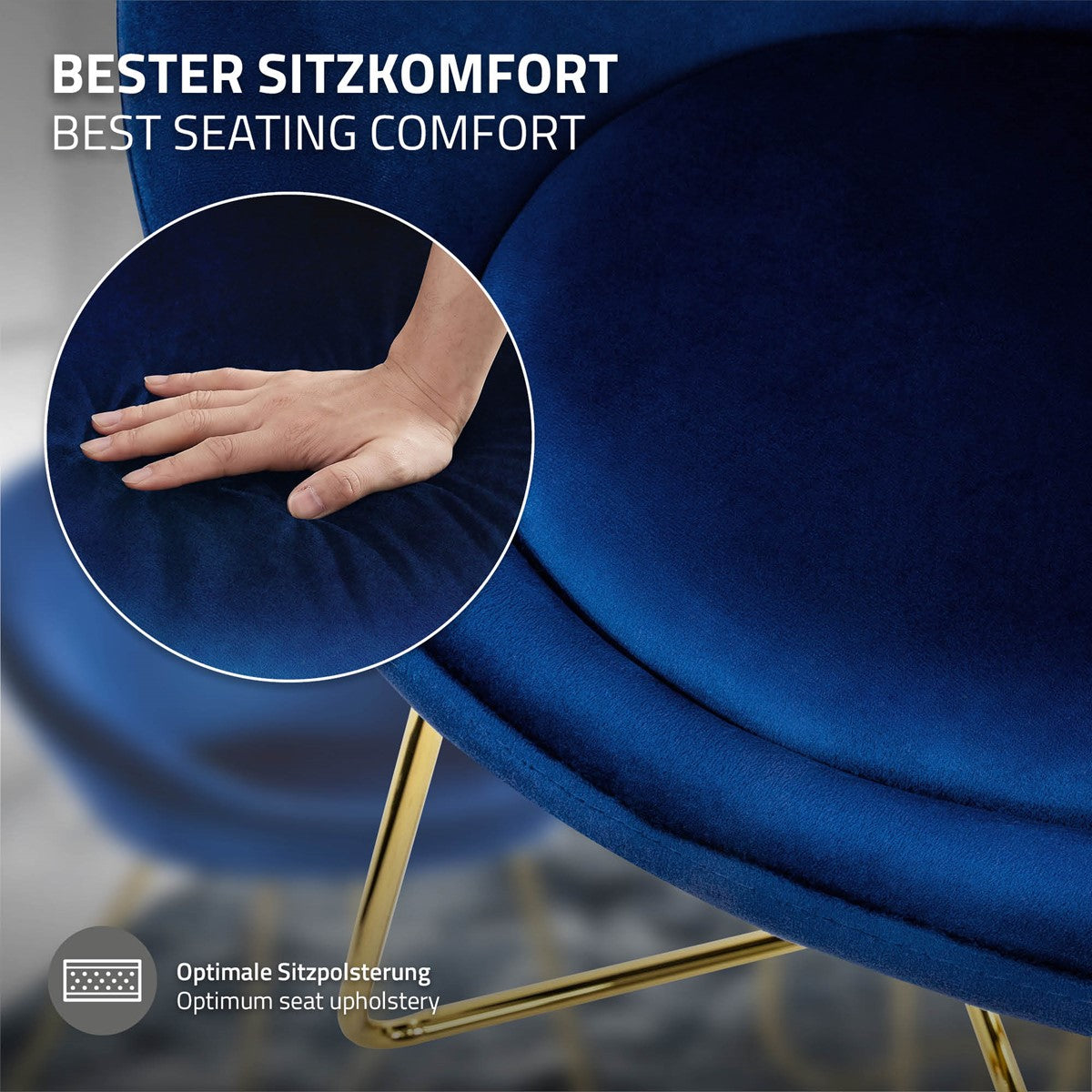 Nahaufnahme einer blauen Polsterung mit Hand, die den Komfort zeigt.