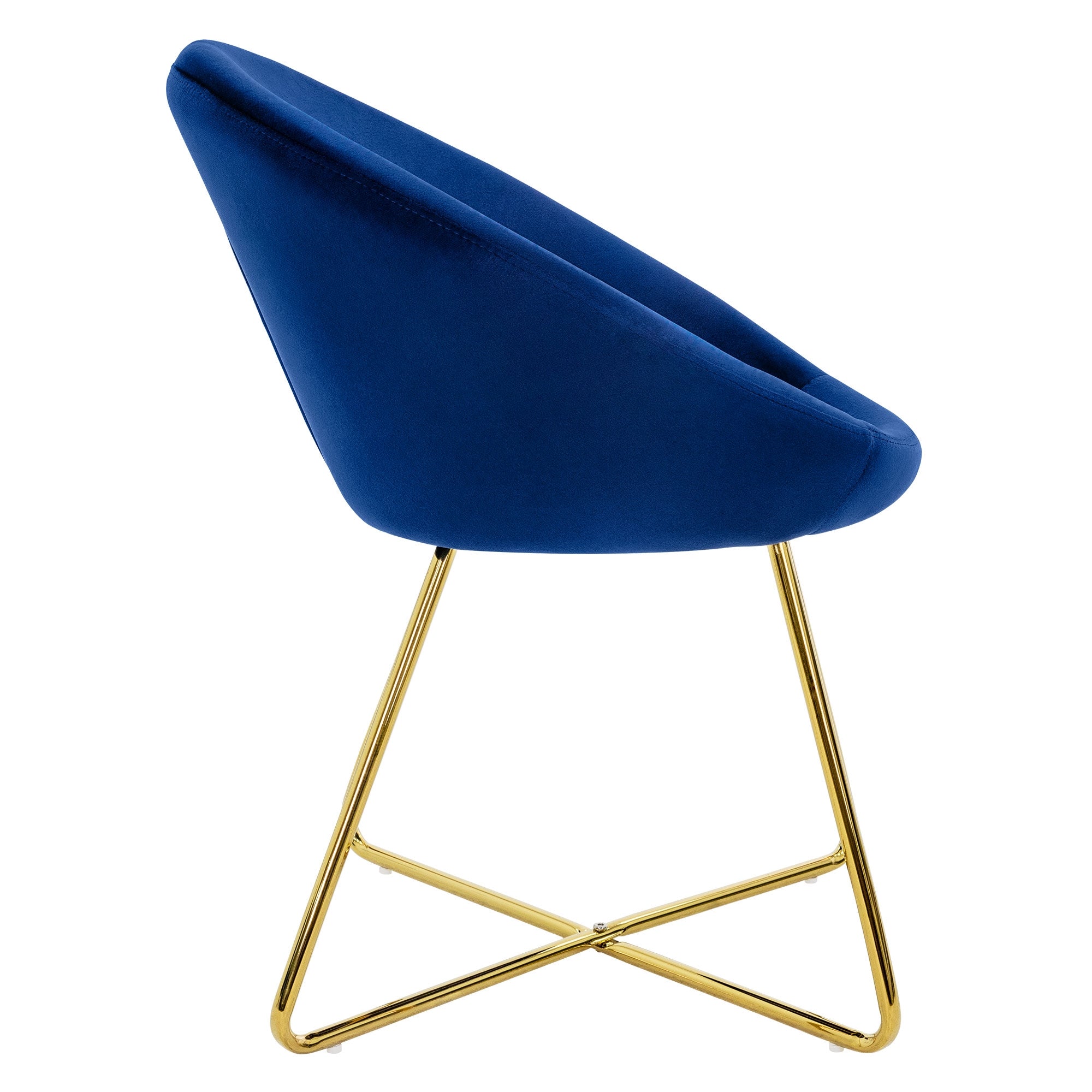 Blauer Stuhl mit goldenen Beinen, seitliche Ansicht.