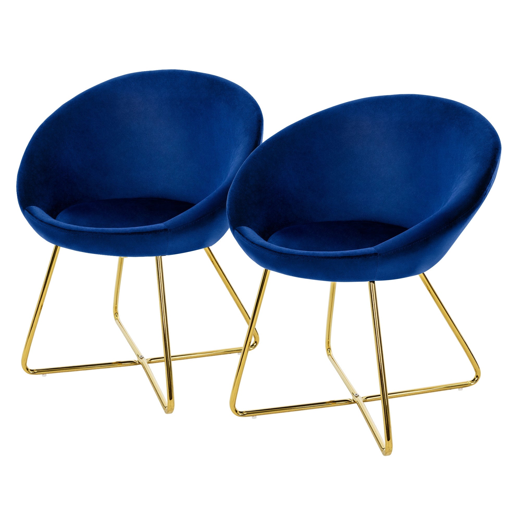 Zwei blaue Sessel mit runder Form und goldenen Beinen.
