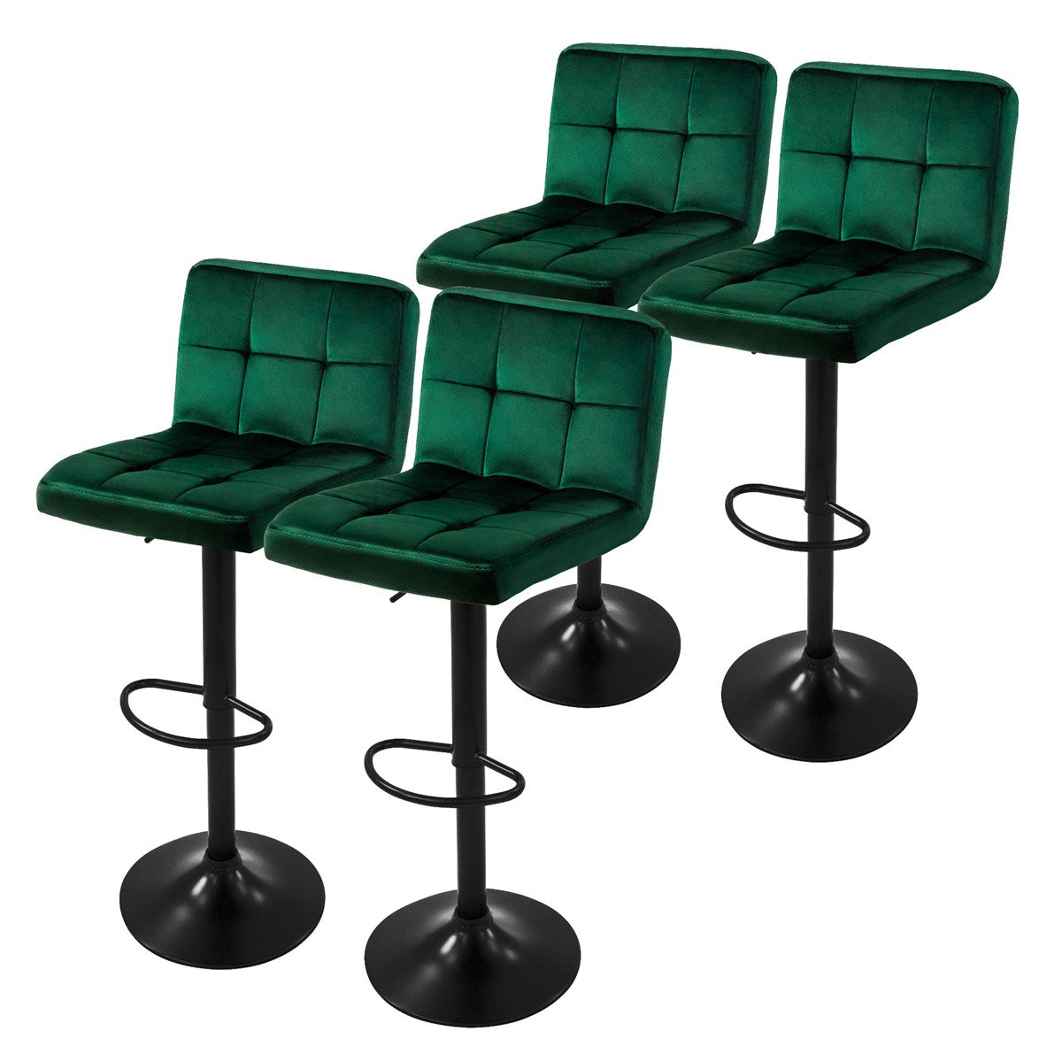 Four green bar stools with upholstered seats and black bases.