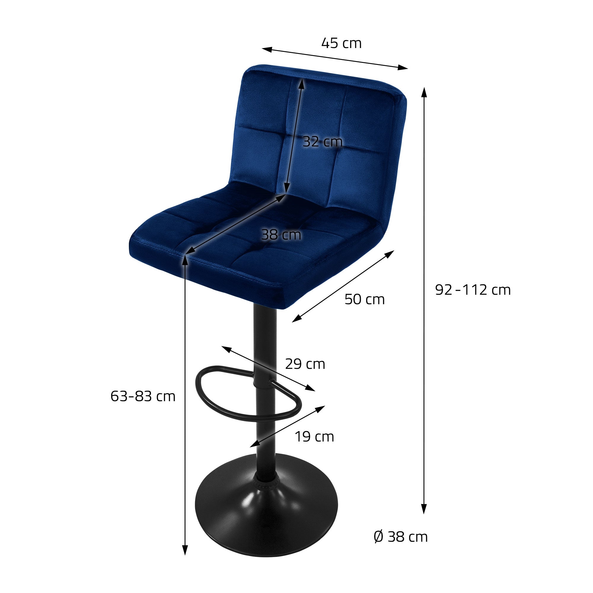 Hochstuhl mit blauer Polsterung, Maßangaben in cm.