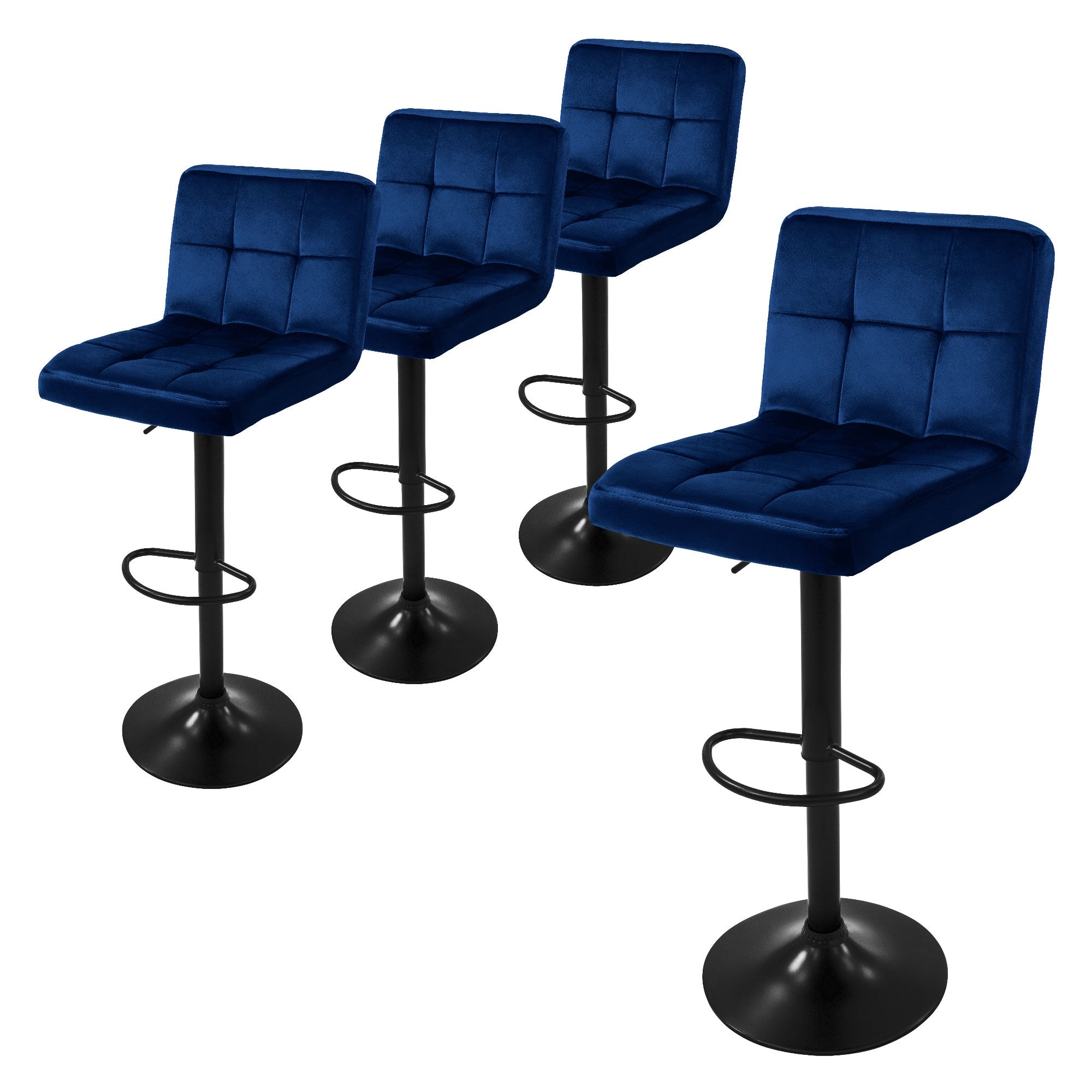 Vier blaue Barhocker mit gepolsterten Sitzen auf schwarzen Ständern.