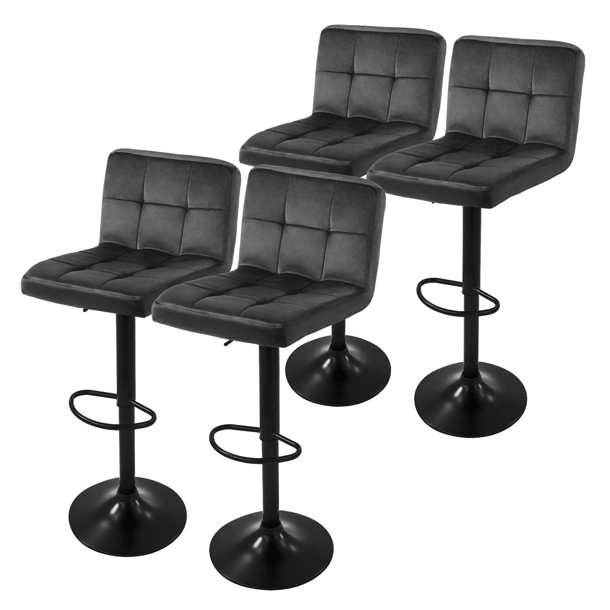 Four gray bar stools with upholstered seats on black stands.