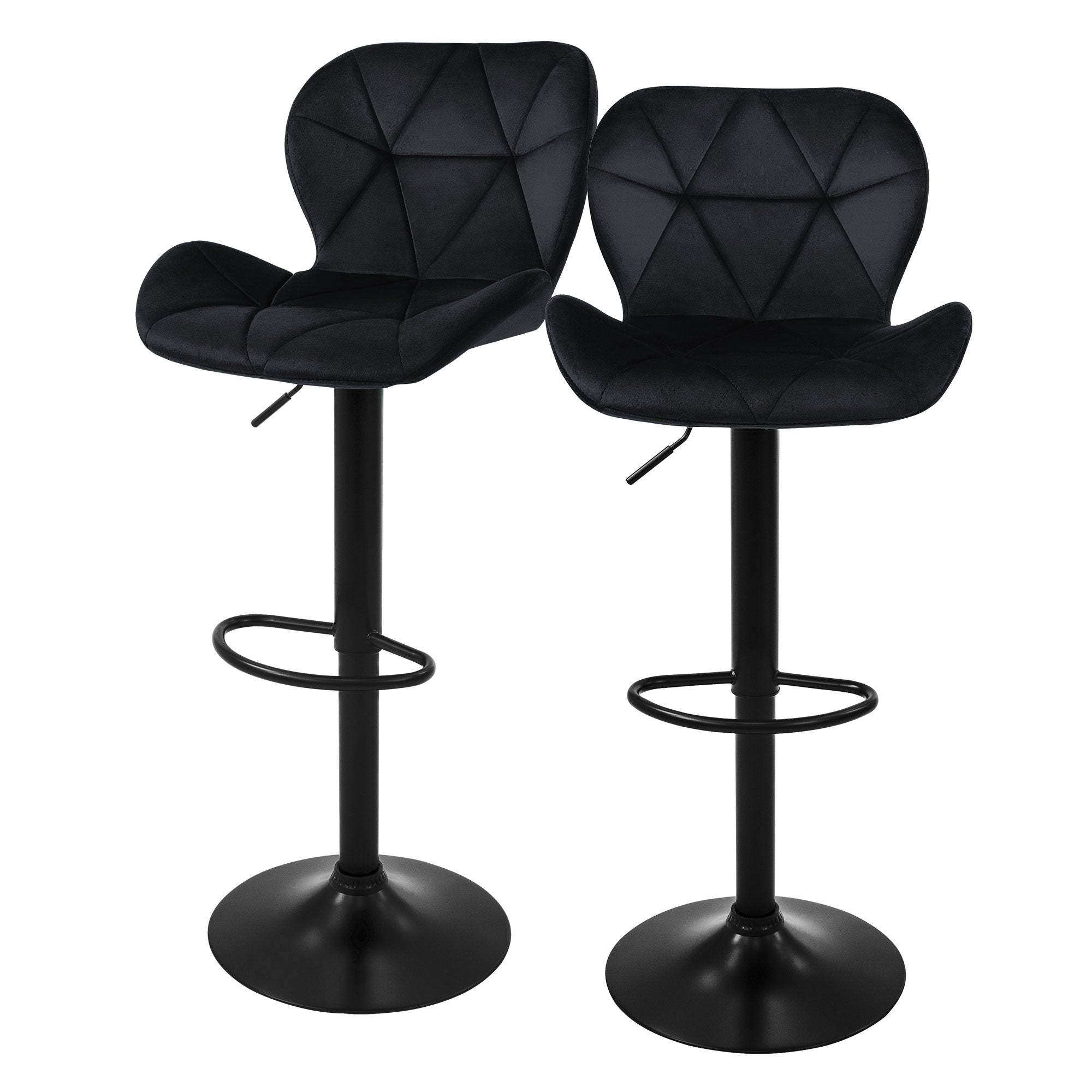 Two black bar stools with geometric design, on a round base.